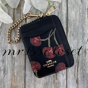 Coach Zip Card Case With Cherry Print Smooth Leather Wallet Bag Purse